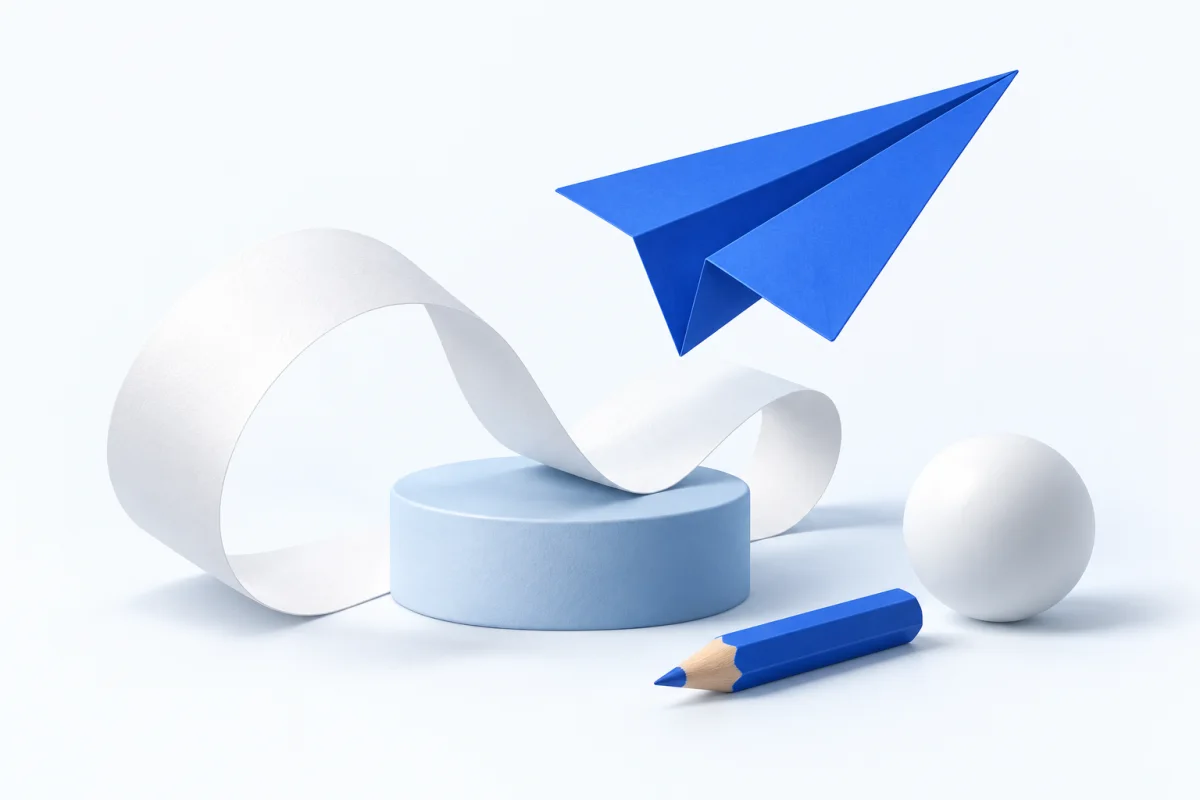A blue paper airplane above a gently looping paper ribbon