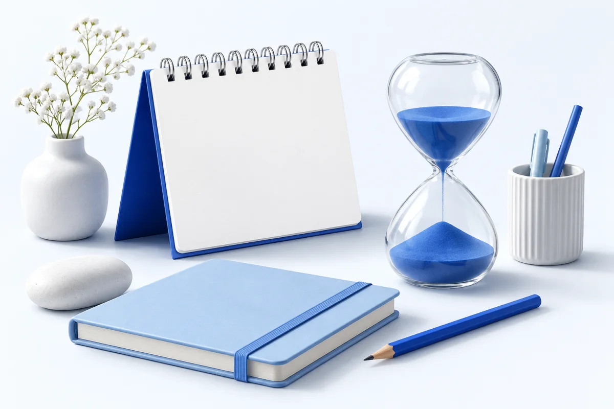 A calm calendar, hourglass and notebook in blue and white