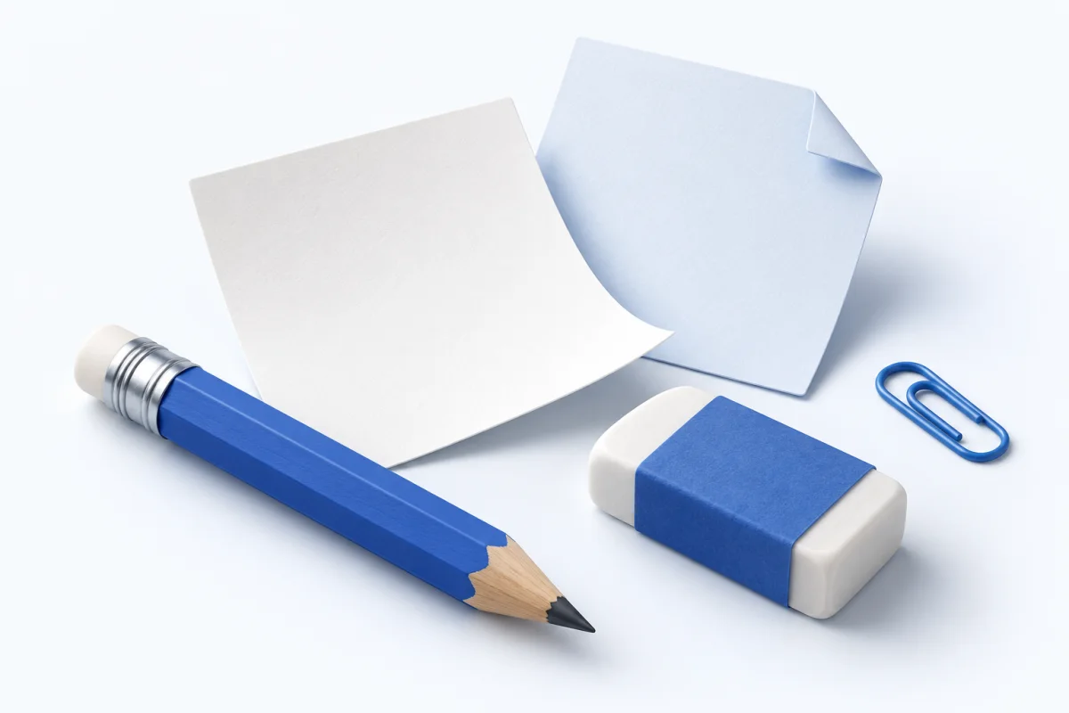 A blue pencil, white eraser and fresh blank notes