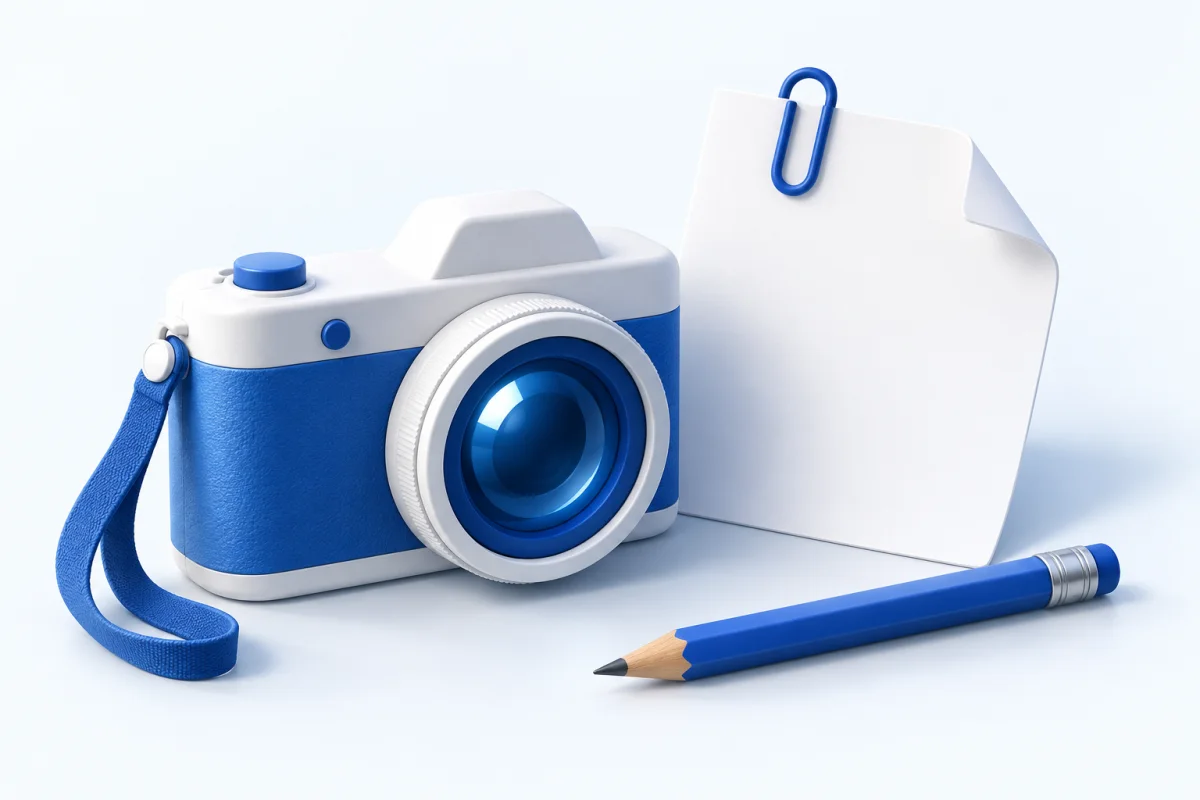 A blue and white camera beside a blank sheet and pencil